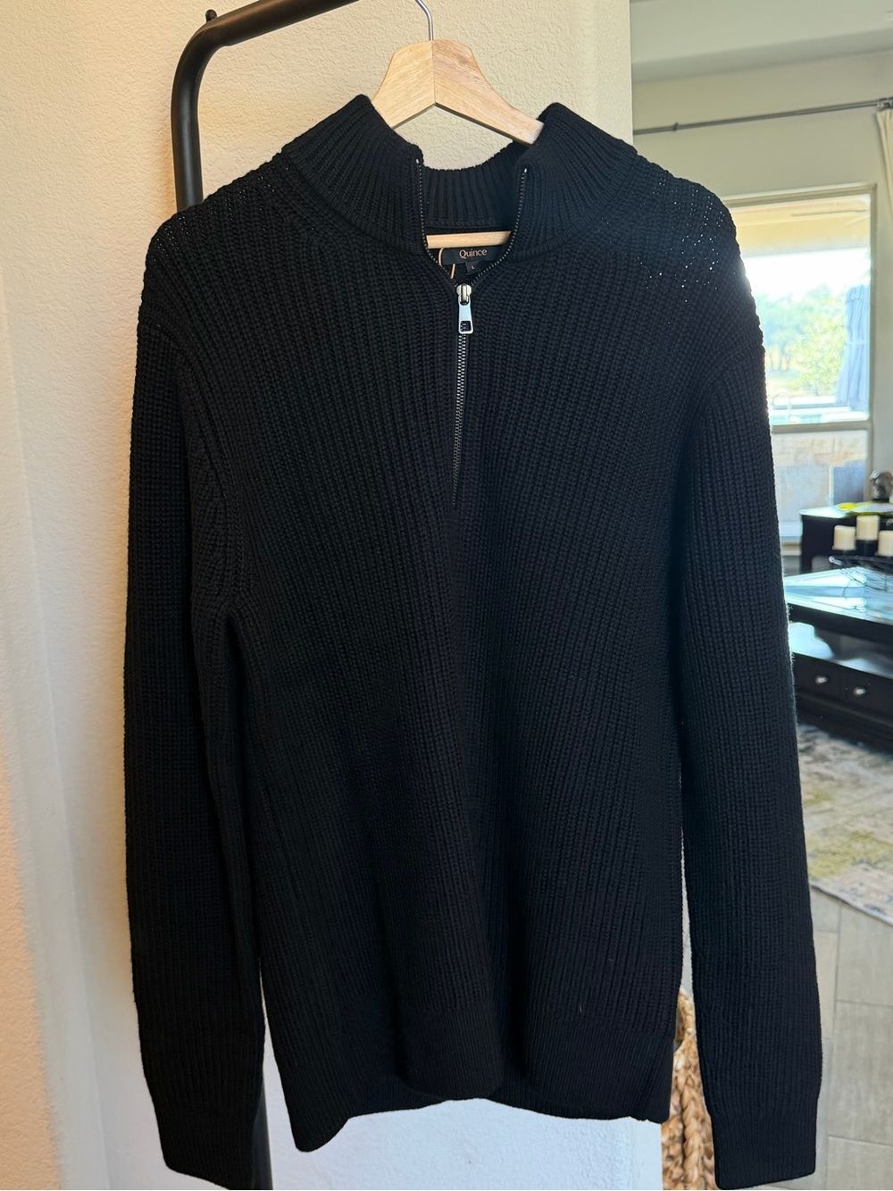 Quince Australian Merino Wool Cowl Neck Mens Half Zip Sweater Black L